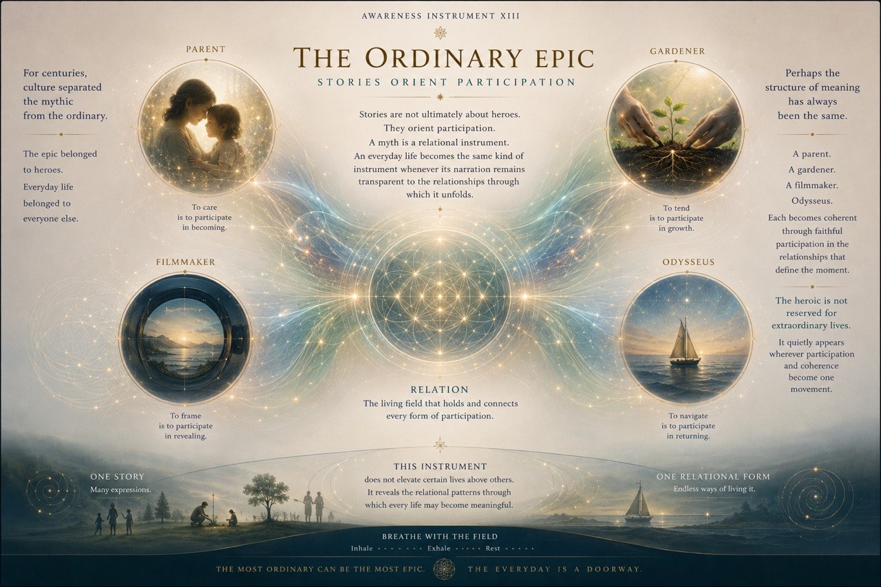 Awareness Instrument XIII: The Ordinary Epic. One relational field appearing through parent, gardener, filmmaker, and Odysseus.