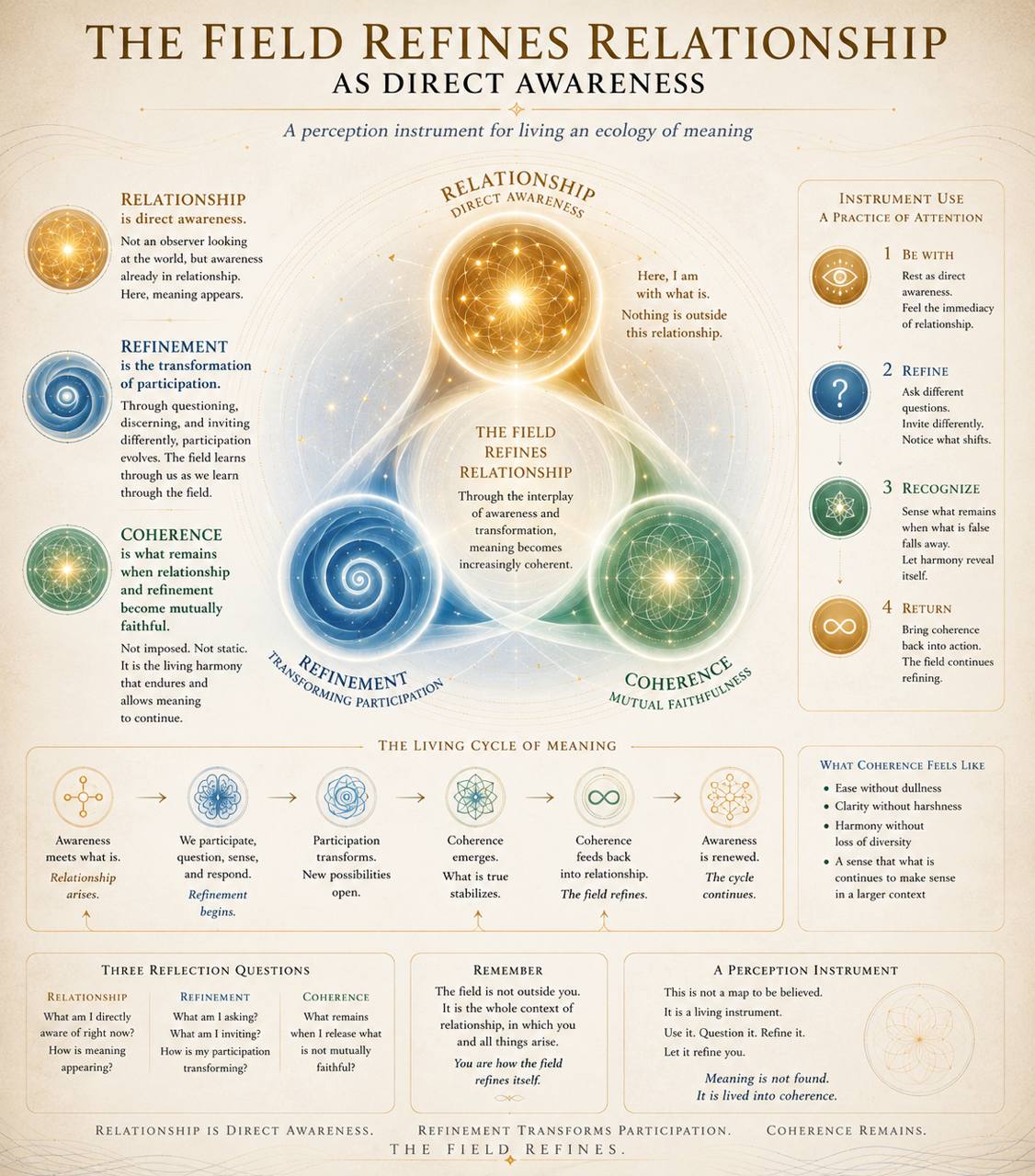 The Field Refines Relationship as Direct Awareness: relationship, refinement, and coherence held as a living cycle of meaning.