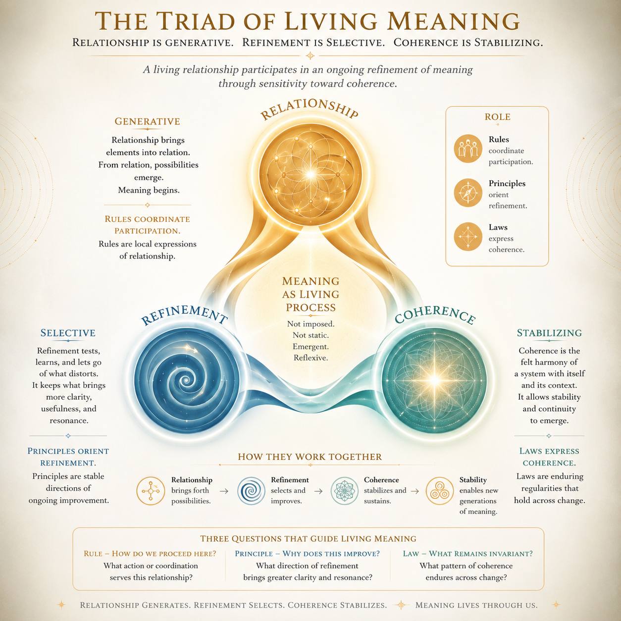 The Triad of Living Meaning: relationship is generative, refinement is selective, and coherence is stabilizing.
